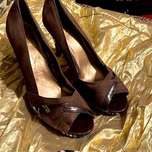 Brown suede, brown patent trim